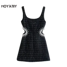 Moyatiiy 2021 moda feminina com pérolas tweed mini vestido clássico sem costas com zíper vestidos sem alças feminino (4)