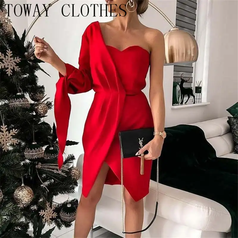 

Mini Women's Dress For New Year 2022 Christmas Party One Shoulder Knot Cuff Asymmetrical Bodycon Dress