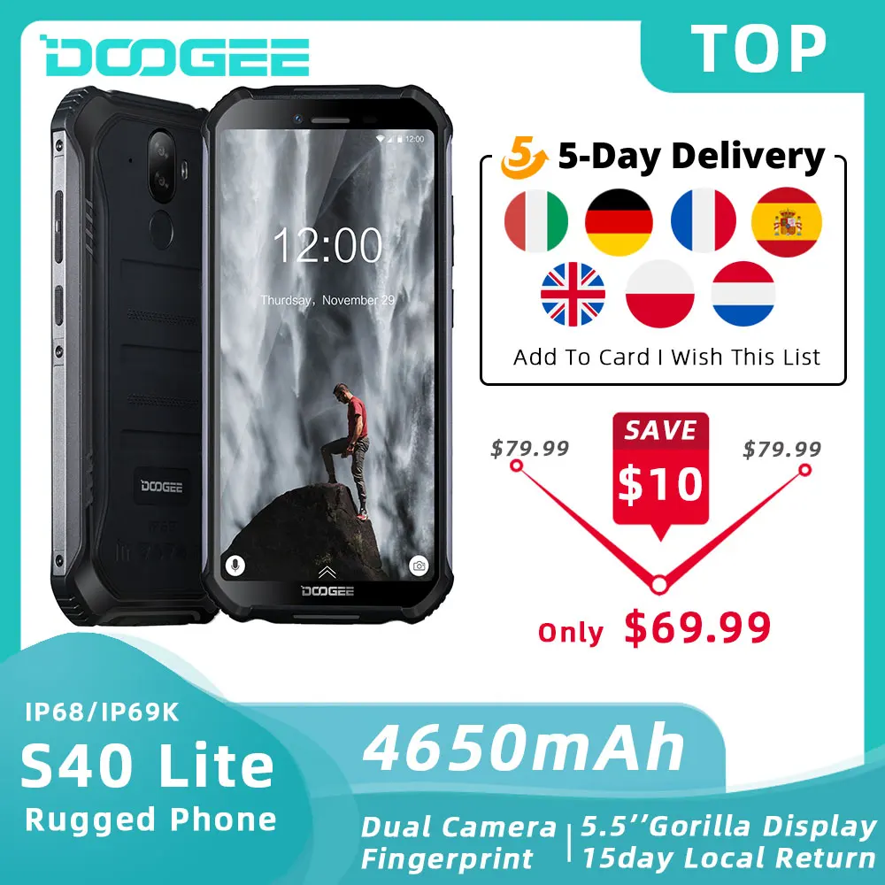 DOOGEE S40 Lite IP68 прочный телефон мобильный 5 дюймов Дисплей 4650 мА/ч два 8.0MP отпечатков