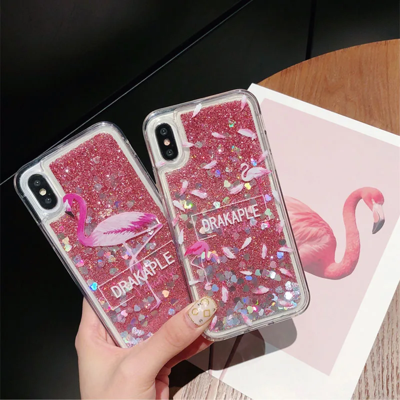 Модный мягкий силиконовый чехол Фламинго с жидким зыбучим песком для iPhone 5 5S 6 7 8