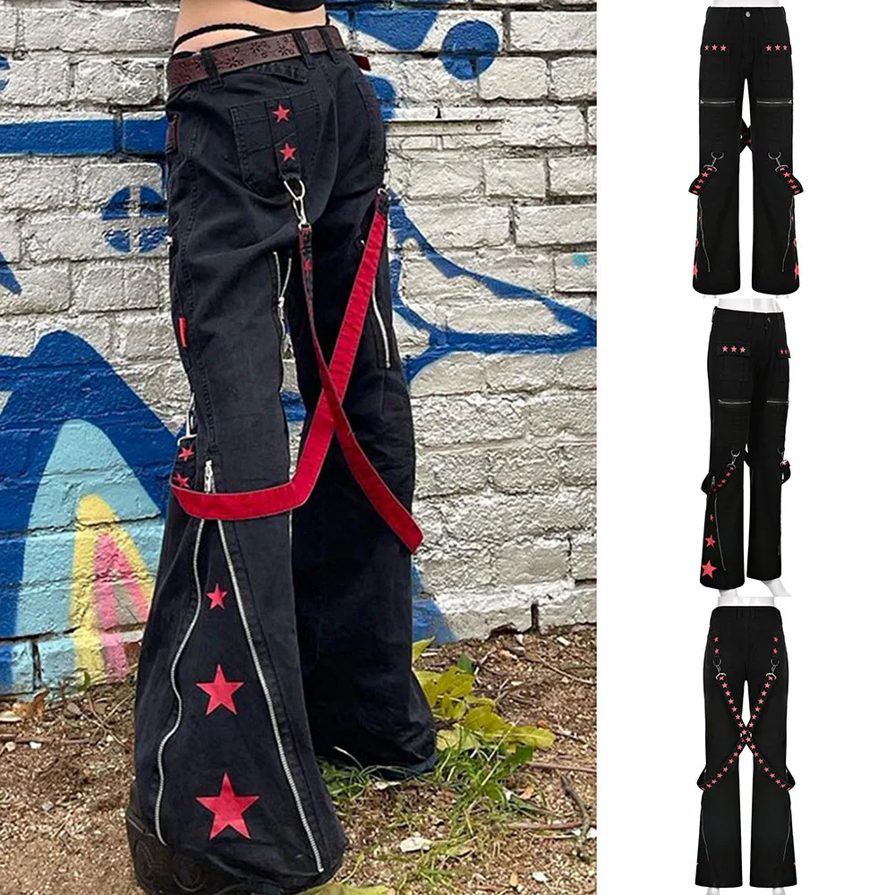 

Punk Grunge Alt Jeans Women Academia Goth Mall Cargo Pants Gothic Ribbon Patchwork Techwear With Pocket Y2K Cyber Denim Trousers