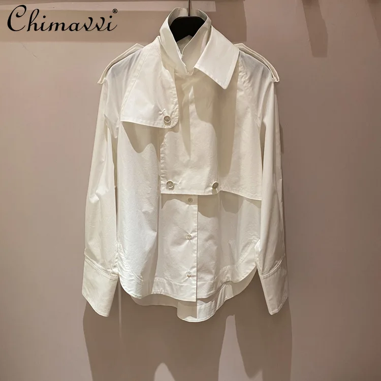 

New Patchwork Long Sleeve Fake Two-Piece Single-Breasted White Shirt Women's Blouse Top Fashion Spring High Street