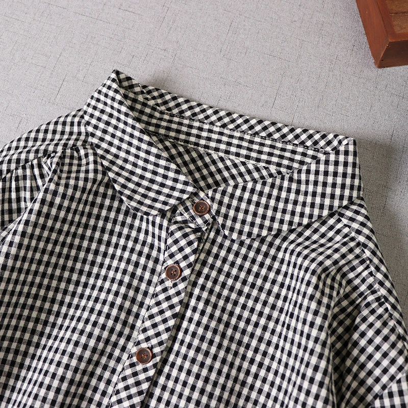 

Japan Style Literary Black White Cotton Dress New Spring Loose Turndown Collar Elastic Waist Women Dress