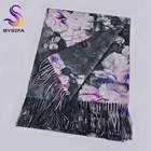 Женский шерстяной шарф BYSIFA, серый или розовый длинный кашемировый шарф из пашмины с пионами, брендовый роскошный шарф для зимы
