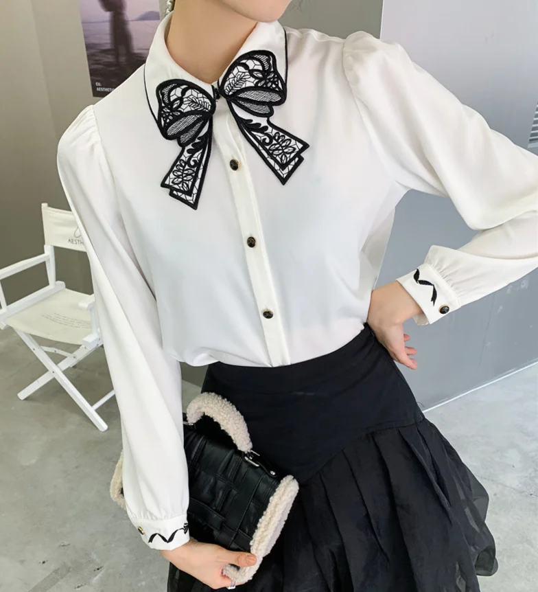 

Kimotimo Casual Translucent Shirts 2021 New Spring Vintage Print Bowknot Women Tops Korean Chic Long Sleeve Thin Temperament
