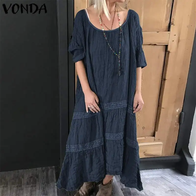 VONDA женское платье с коротким рукавом и круглым вырезом, однотонная хлопковая рубашка, свободное платье с оборками, длинное платье макси, большие размеры, вечерние платья