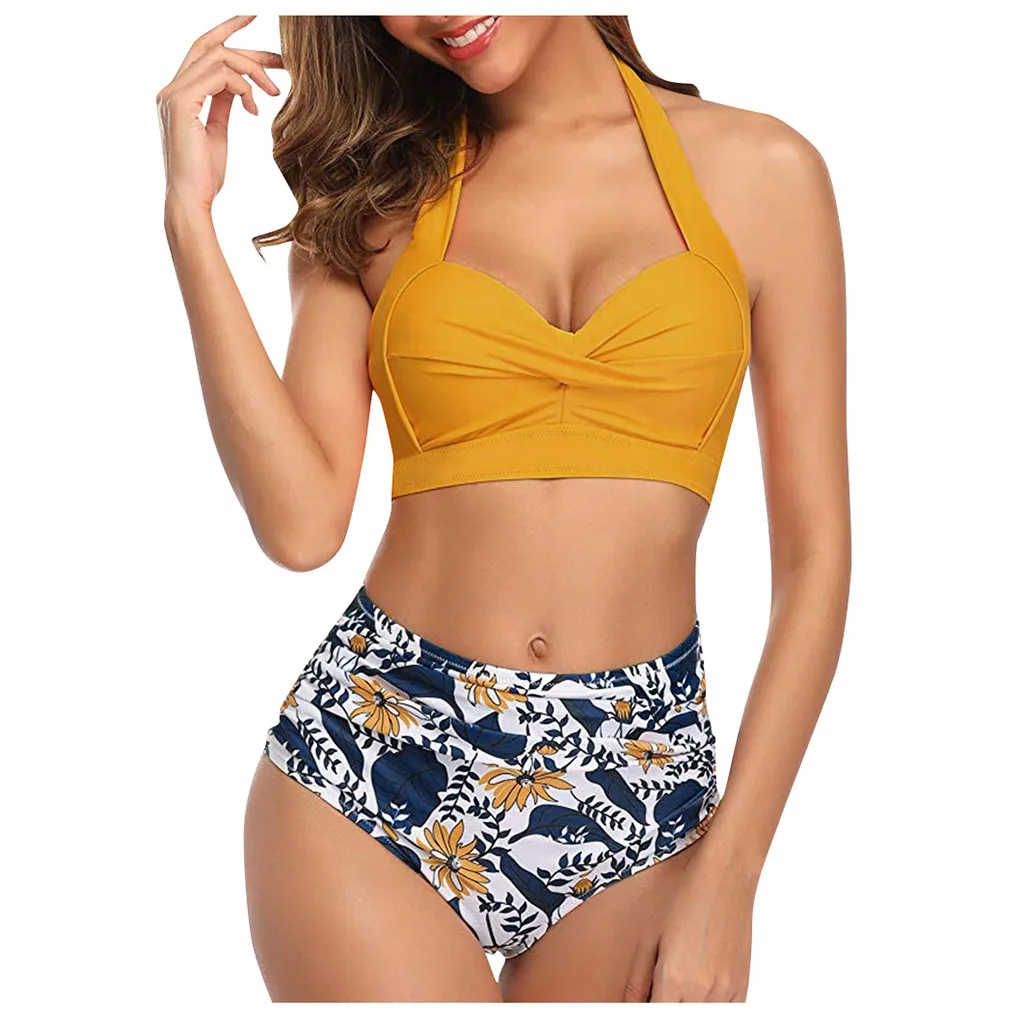 

T# Bikini 2020 Woman Women Vintage Swimsuit Retro Halter Ruched High Waist Print Bikini Set Solid Color Beachwear Swimwear Women