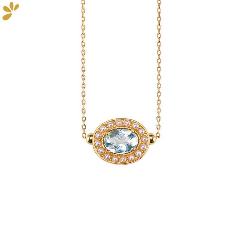 

925 Sterling Silver Gold-plated Aquamarine Gemstone Jewelry Sets Geometric Bracelet Bangles Necklace Fine Jewelry Women Trendy