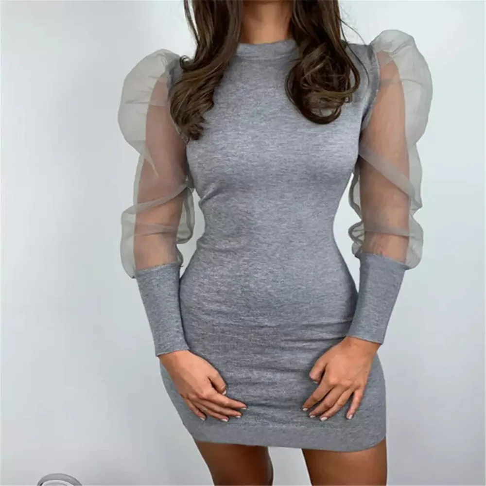 Модное женское однотонное платье с длинным пышным рукавом и О образным вырезом