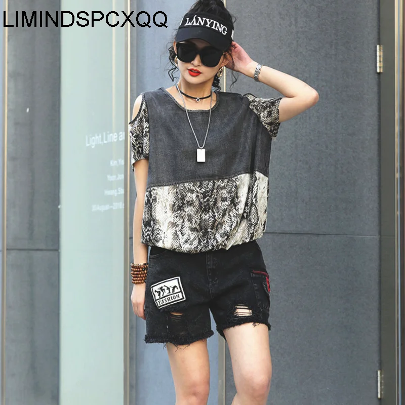 

2021 Summer Style Streetwear Womens Leopard Patchwork Tshirts Ladies O-Neck Vintage Tees Female Punk Oversized Tops Strapless