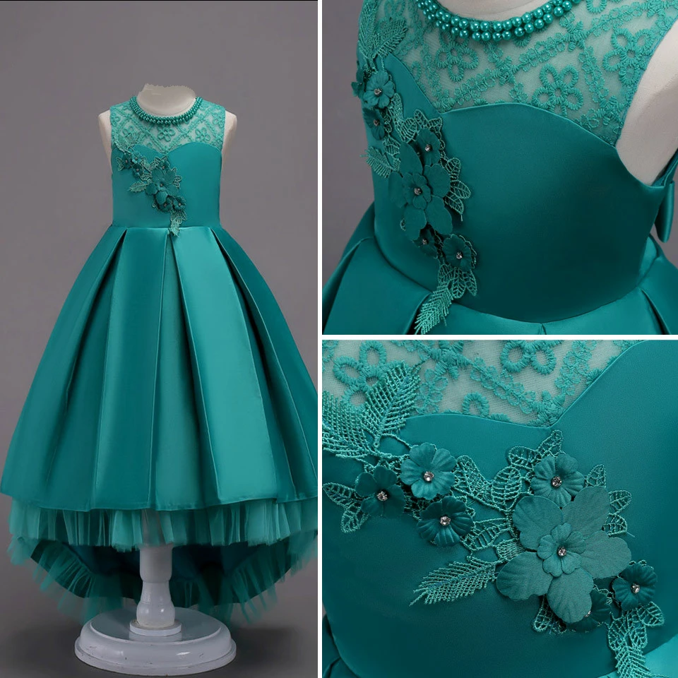 Платье принцессы с цветами для девочек на свадьбу вышивкой и жемчугом круглым