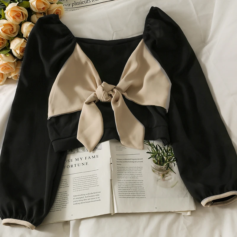 

Женские блузки с бантом, Милая Короткая Осенняя бандажная блузка с пышными рукавами, привлекательные рубашки контрастных цветов с воротник...