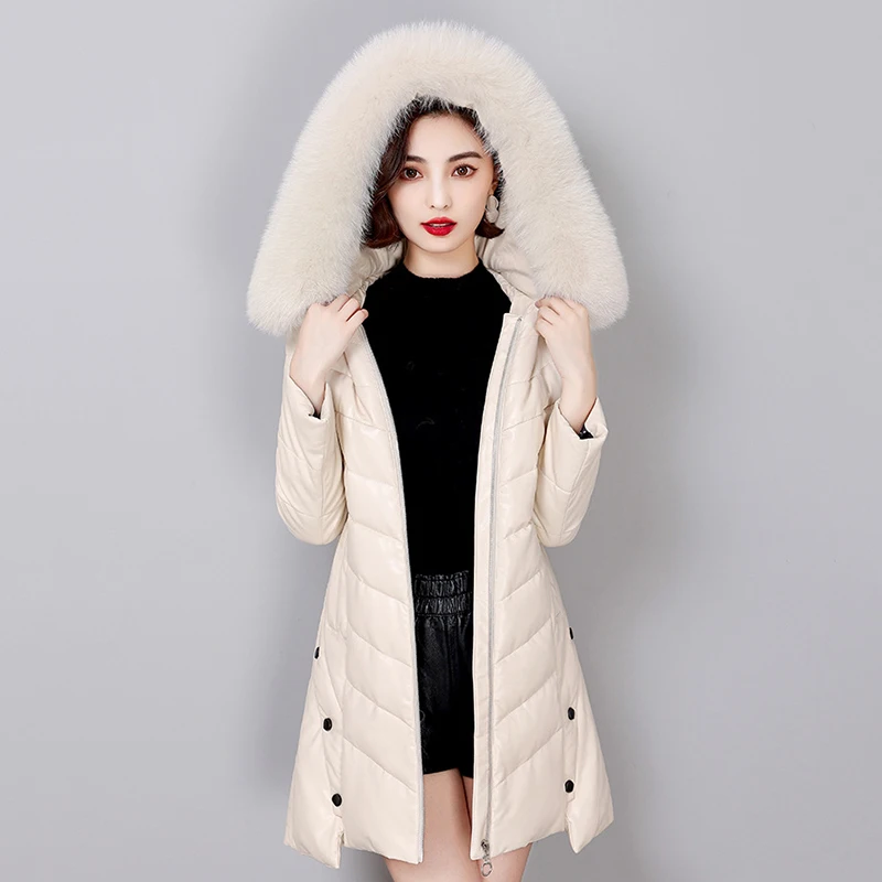 Женский пуховик из натуральной кожи с воротником лисьего меха | Женская одежда