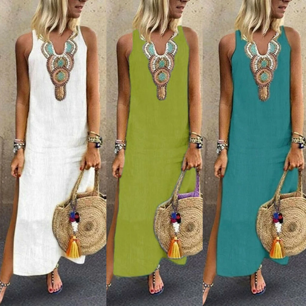 Женское длинное платье Кафтан в стиле бохо Макси Платье туника повседневный