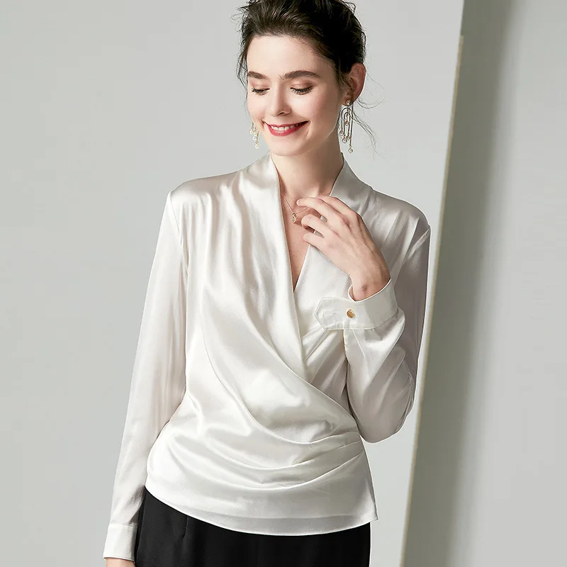 golden pure silk blouse for women high quality long sleeve 4XL plus size casual sexy office dress shirts luxury dropshipping