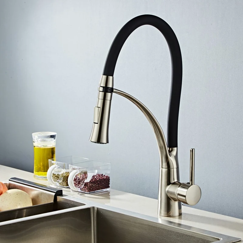 

Kitchen Faucet with Rubber Design Brass Brushed Nickel Faucet for Kitchen Single Handle Pull Down Deck Mounted Crane for Sinks