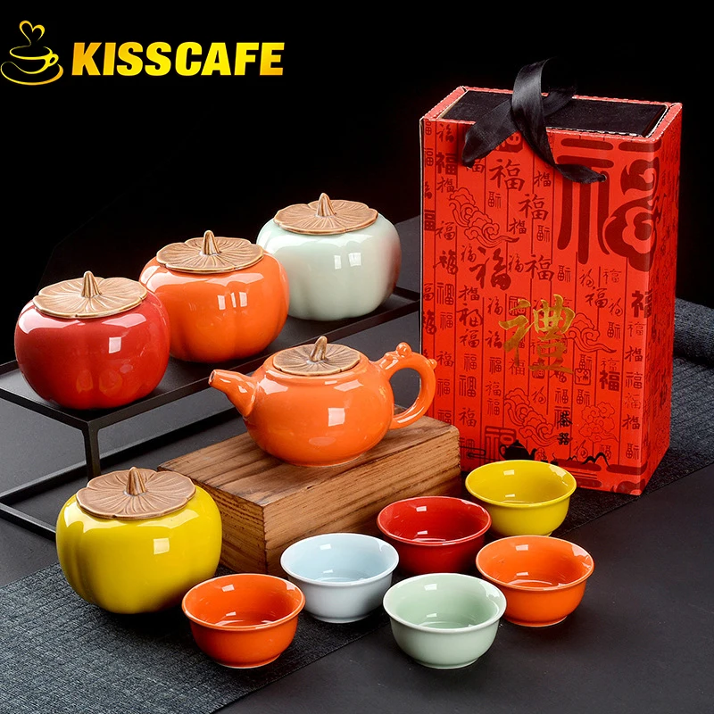 

1 Set Chinese Ceramic Persimmon Shape Tea Cup Kung Fu Teaset Porcelain Tea Pot Teacup Tea Caddy Gift Accessories Drinkware