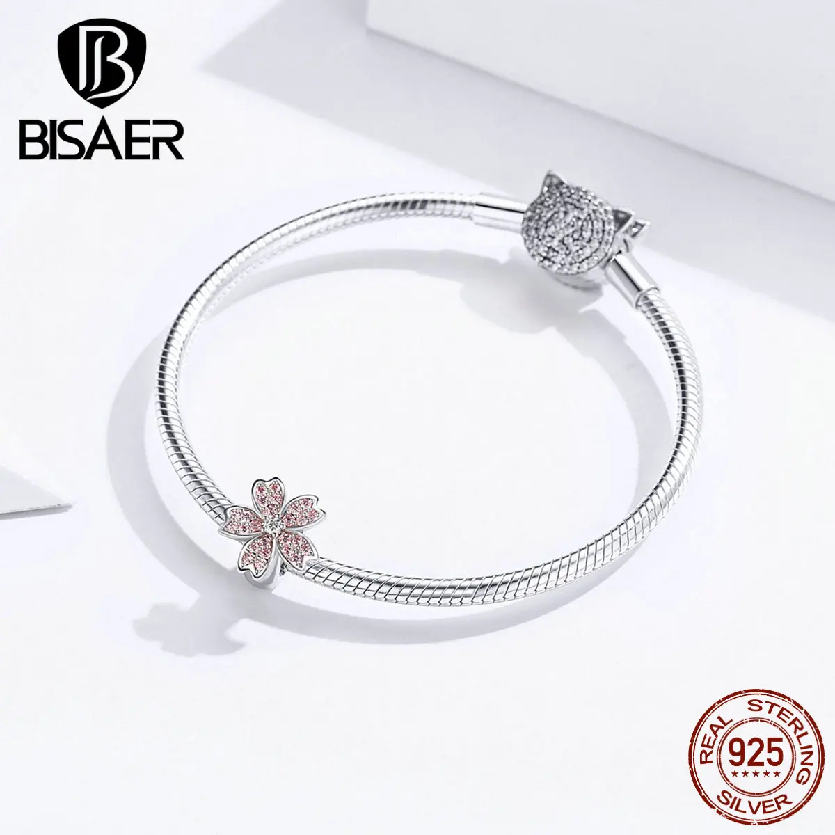 BISAER горячая Распродажа 925 пробы серебряные бусины Сакура Цветы Подвески подходят для браслетов Розовый Циркон Серебро 925 оригинальные ювелирные изделия