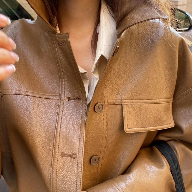 Lautaro Осенние короткие коричневые толстые оверсайз куртки из искусственной кожи