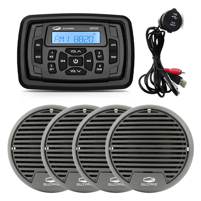 

Морской радиоприемник, водонепроницаемый аудиоприемник для лодки, Bluetooth, FM, MP3, Автомобильный плеер + USB-кабель для лодки + 2 пары 3-дюймовых морских динамиков