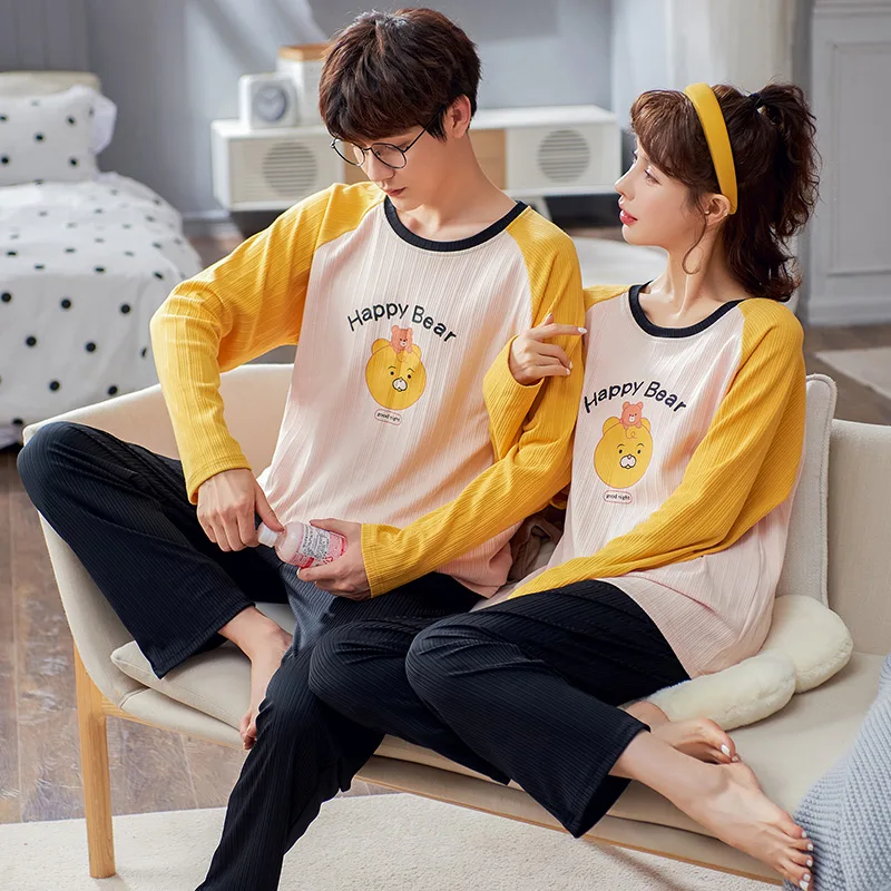 Новые осенне-зимние хлопковые Пижамные комплекты для пар с длинным рукавом в