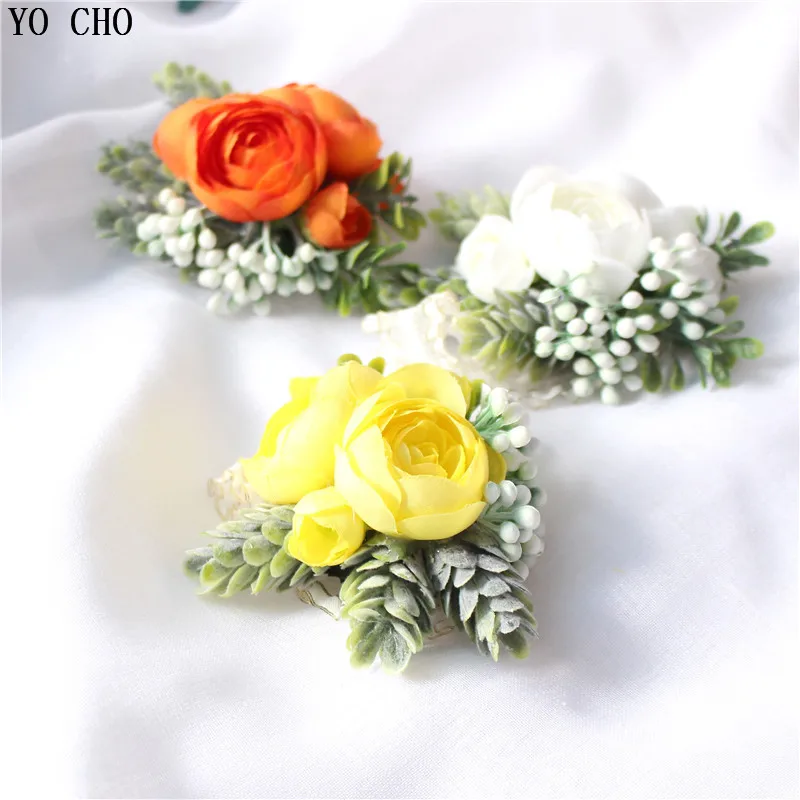 

YO CHO Artificial Flowers Wrist Corsage Bracelet for Bridesmaid Boutonniere Wedding Corsage Pins Silk Roses Marriage Brooches