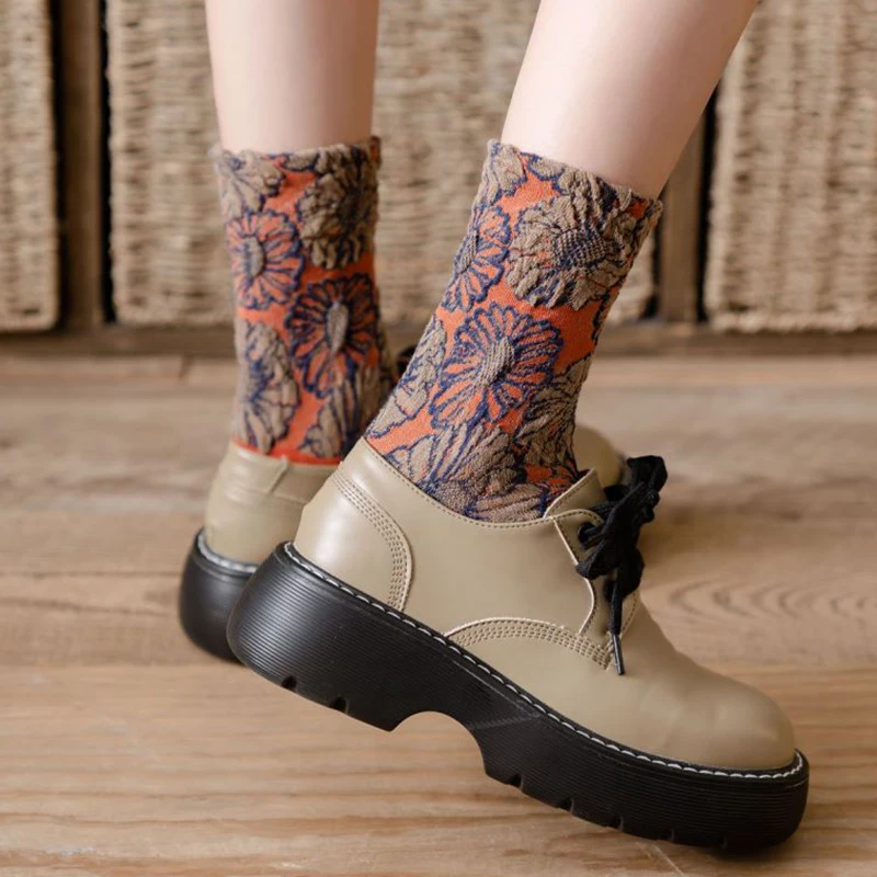 3 Pairs Cute Harajuku Winter Socks Women Long Vintage  Kawaii Warm Socks Cotton Fashion Girl Style Print New Products For 2021