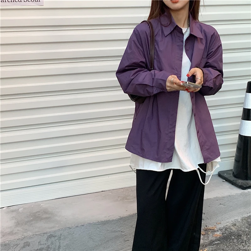 

HziriP Purple Retro Outwear Elegance Hot Oversize Girls Loose Casual Vintage Gentle Basic 2021 Streetwear Brief Basewear Shirts