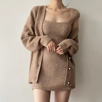 spring fall v neck single breasted warm winter loose cardigan sweater jacket sleeveless mini knitted suspender dress two piece