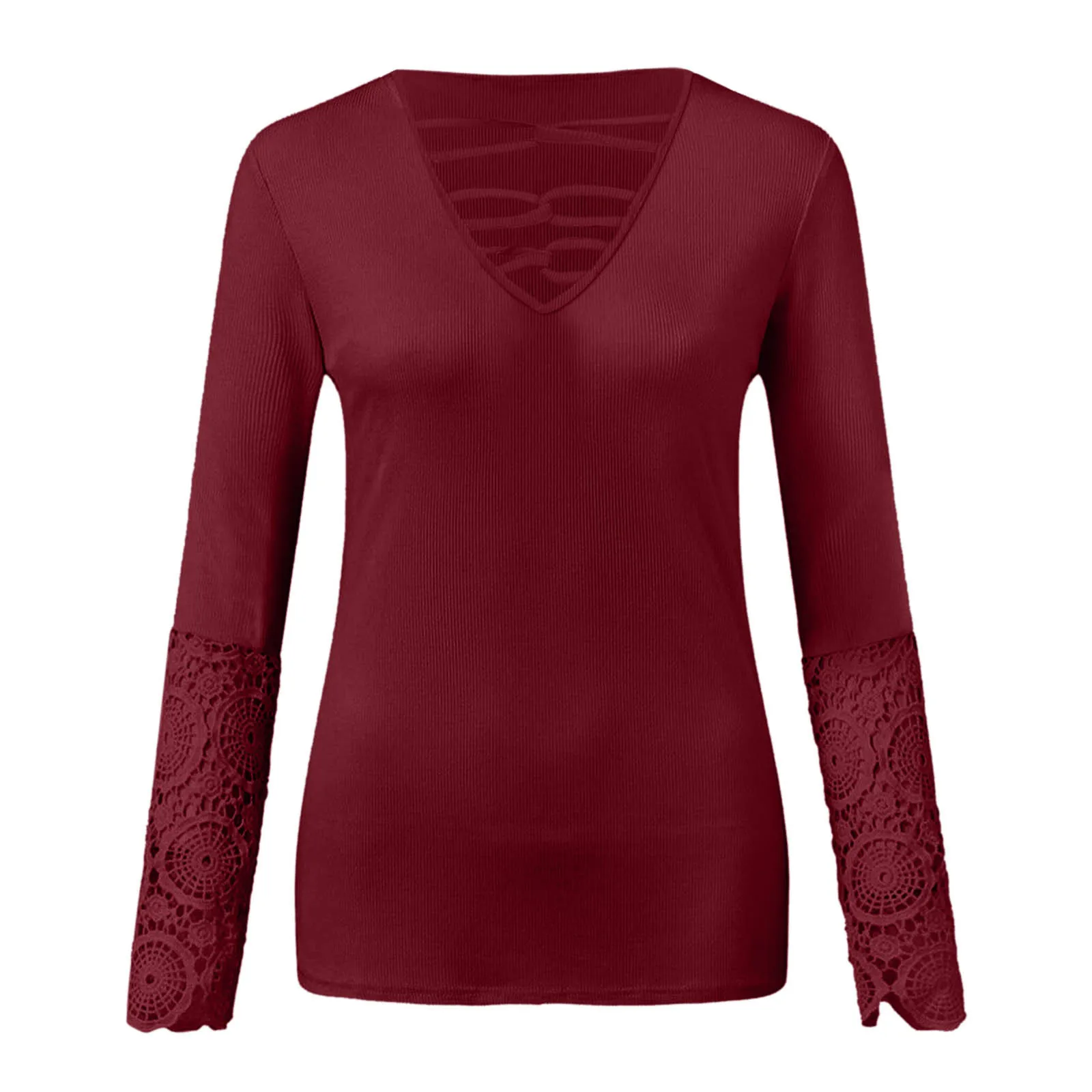 Женская футболка с длинным рукавом V-образным вырезом и кружевом 2021 | одежда