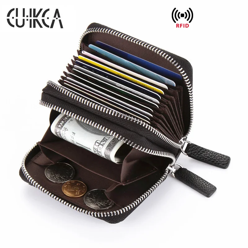 CUIKCA-cartera RFID con doble cremallera para hombre y mujer, monedero de cuero Delgado, estilo acordeón, porta tarjetas de crédito e identificación