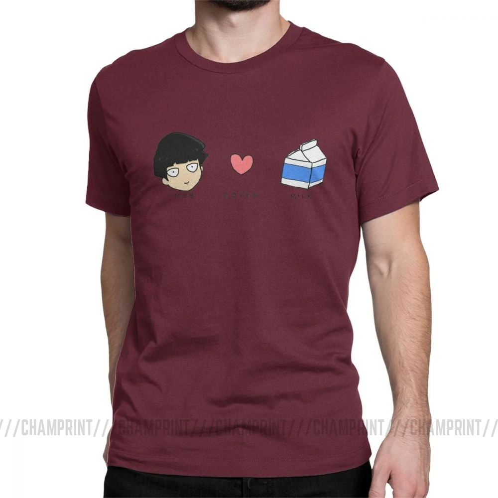 Mob Loves Milk Mob Psycho 100 футболки мужские хлопковые новые футболки с круглым вырезом футболка с коротким рукавом Одежда с принтом - Цвет: Бургундия