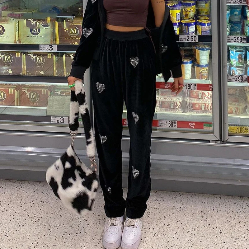 

Casual Black Corduroy Straight Pants Women Hip Hop Elastic Waist Trousers Rhinestone Love Sports Pants Baggy Joggers Sweatpants