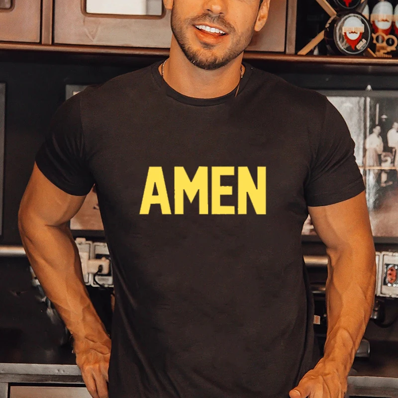

Christian AMEN Letters Printed T-shirt Summer 100% Cotton Jesus Tee Fashion Gold Printing Casual Short-sleev Tops O-neck