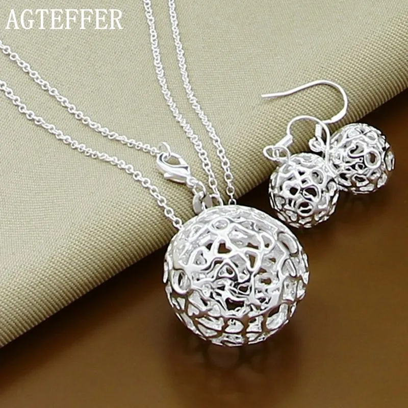 

AGTEFFER 925 Sterling Silver 18 Inch Chain Hollow Round Ball Necklace Earring Set For Woman Wedding Engagement Charm Jewelry