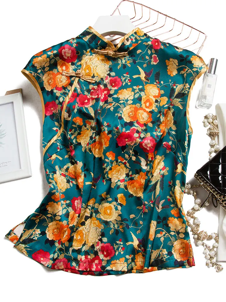 

Chinese Style Poplin Sleeveless Women's T-shirts Mandarin Collar Sleeveless Print Real Silk Blouse Women 2020 Summer Tops