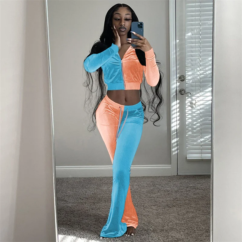 

Matching 2 Piece Sets Womens Outfits Sexy Club Velvet Slim Zipper Top Flare Pants Sets Casual Color Outfits For Women