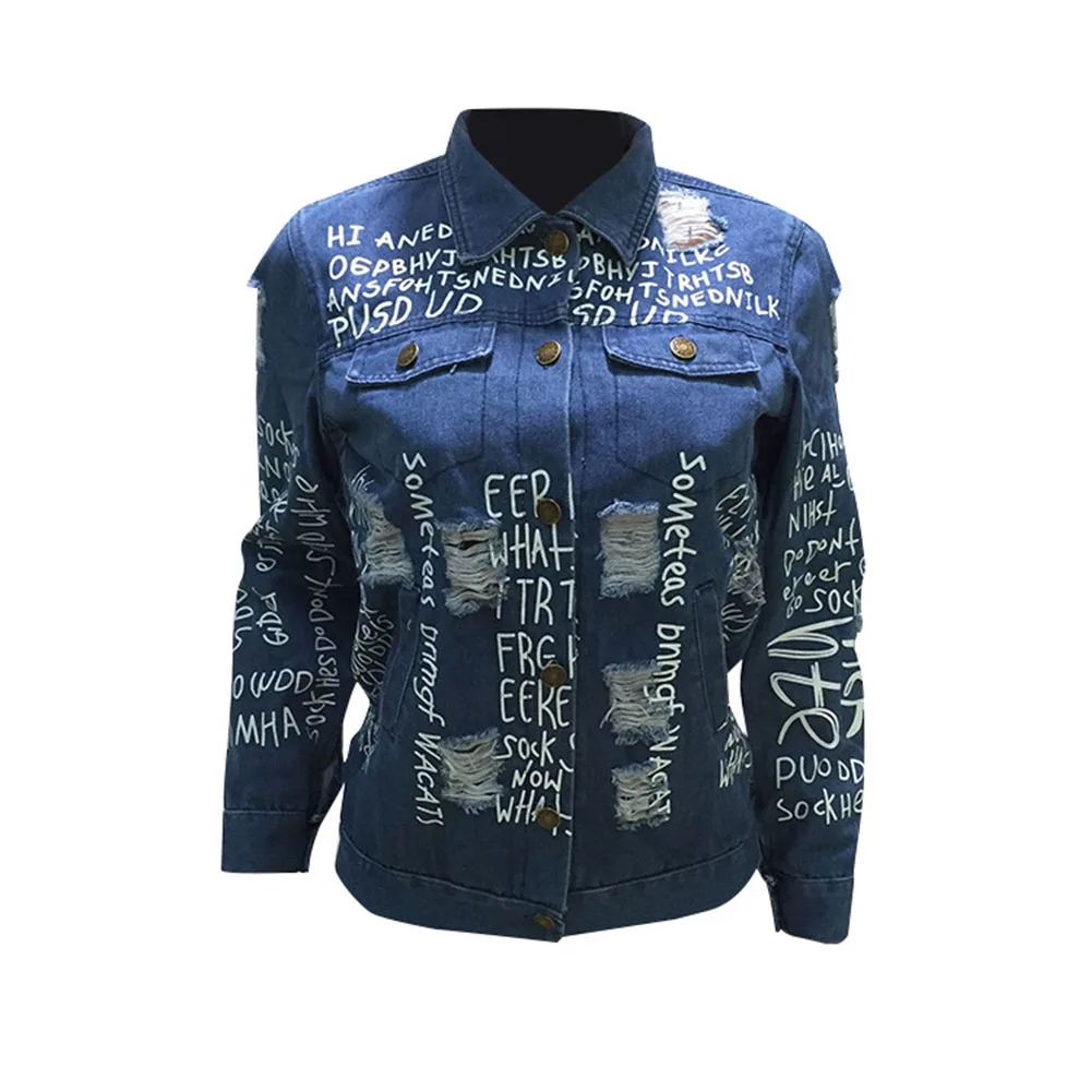 Винтажные потертые джинсы с буквенным принтом женская куртка осень 2020 зима