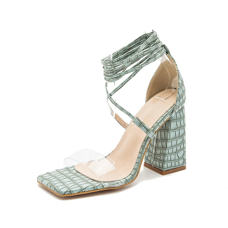 

Summer Women Sandals Transparent Ladies Sandal Shoes SquareToe High Heels Corss-tied Casual Party Nightclub Wedding Sandalias