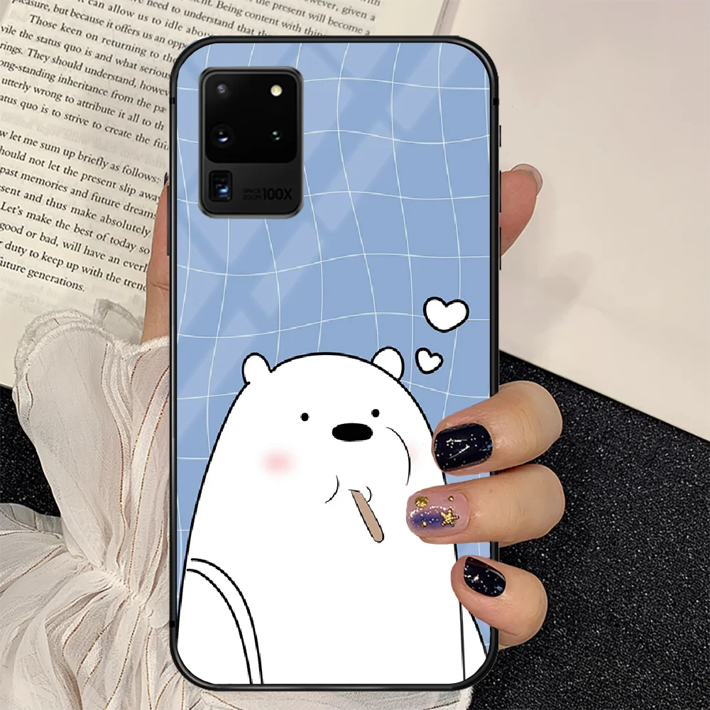 

Cute Bare Cartoon Bear Phone Tempered Glass Case Cover For Samsung Galaxy S Note 5 6 9 10 10E 20 21 FE Plus Uitra Cover Black
