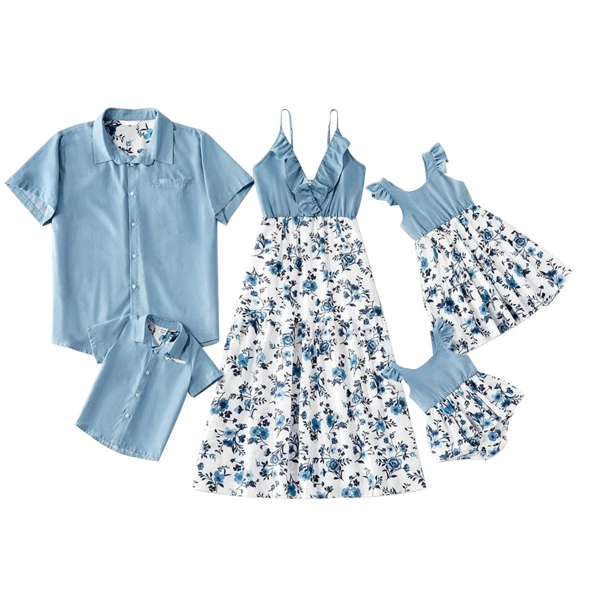 

AA Summer Parent-child Outfits, Floral Print Dress Romper Short Sleeve Lapel Shirt with Pocket