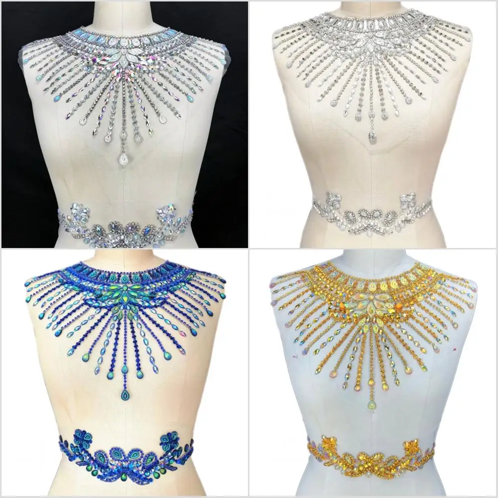 

HANDMADE Lace Sequins Tulle Fabric Sew on Crystals Rhinestones Blue AB Appliques Patches For Diy Designers Wedding Dress Clothes