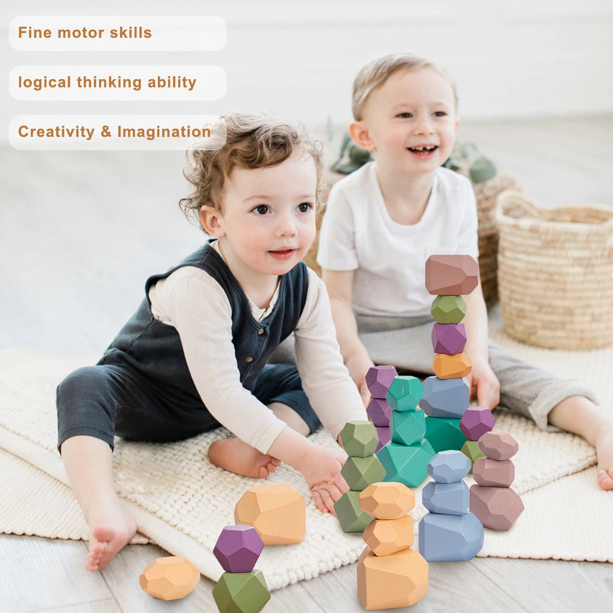 

Baby Toy Wooden Jenga Building Block Colored Stone Creative Educational Toys Nordic Style Stacking Game Rainbow Stone Wooden Toy