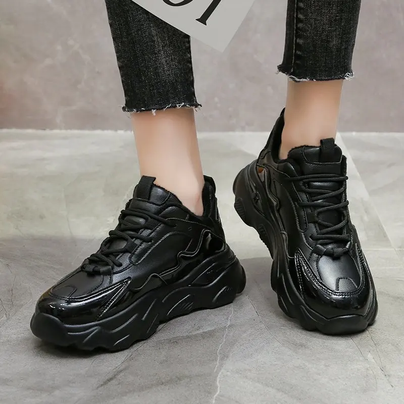 

Autumn new women's fashion leather reflective old shoes casual shoes women's lace-up non-slip platform sneakers