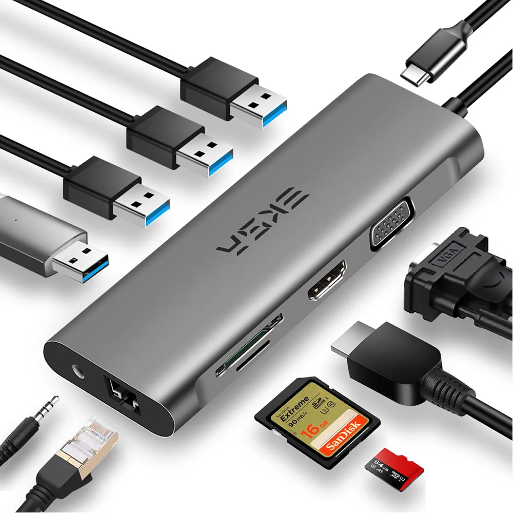 ET9H EKSA 11 в 1 usb-хаб C концентратор Thunderbolt 3 Тип C адаптер док-станция для MacBook Pro USB 3,0 2,0 порт 1080P VGA RJ45 4K HDMI сплиттер - Цвет: ET9H