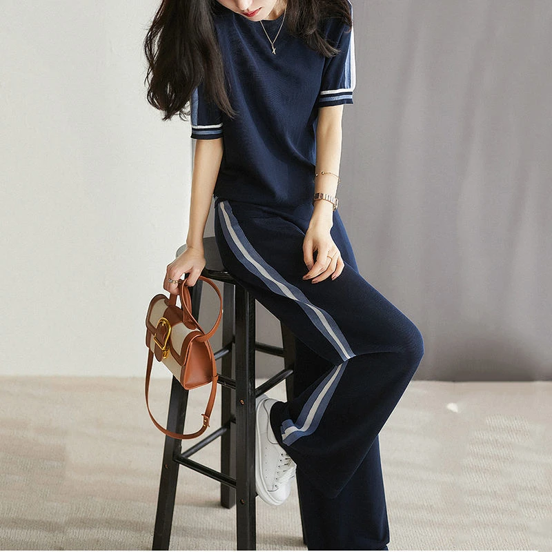 

2 Piece Sets Women Ice Silk Knitted Tracksuits Simple O Neck Short Sleeve Women Summer T Shirt + Knitted Harem Women's Tracksuit