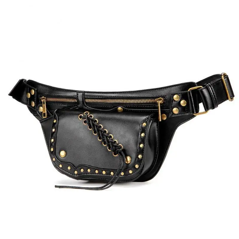 

Steampunk Women Waist Bag New Mobile Phone Small Shoulder Bags Fashion Rivet Moto & Biker Outdoor Messenger Bag