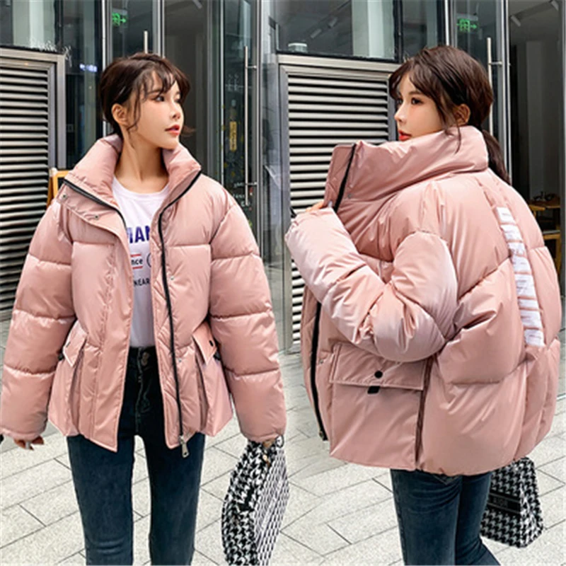 

2021 Winter Fashion New Shiny Face Short Style Stand-Up Collar Long-Sleeved Bread Style Thick Warmth Cotton Jacket Women Trendy