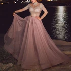 Блестящие вечерние платья с высоким воротником и длинным рукавом, розовое Тюлевое платье-трапеция для выпускного вечера, 2021, бальное платье с аппликацией и бисером для вечеринки
