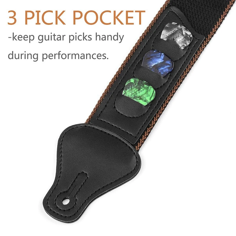 

Guitar Strap with 3 Pick Holders 100% Soft Cotton Strap for Bass Electric & Acoustic Guitars (Black)